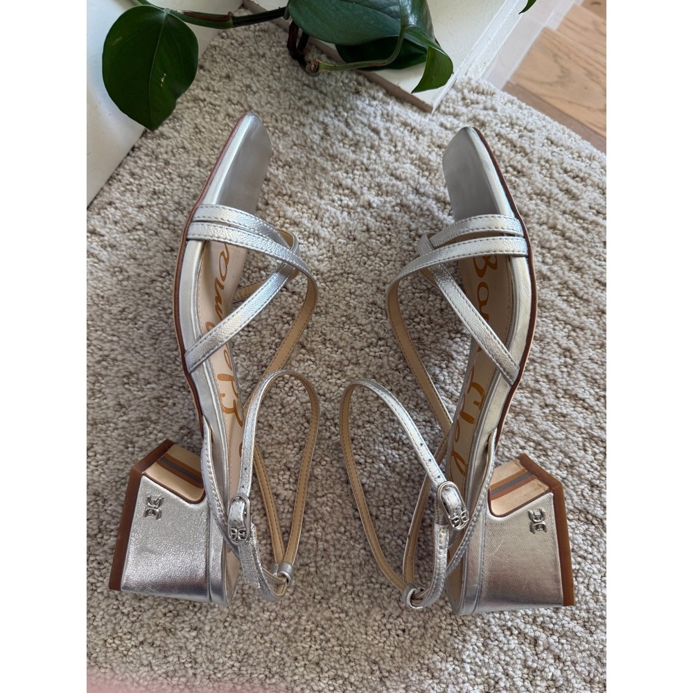 Sam Edelman Whitley Sandals Women 7.5 Metallic Silver Strappy Block Heel Square